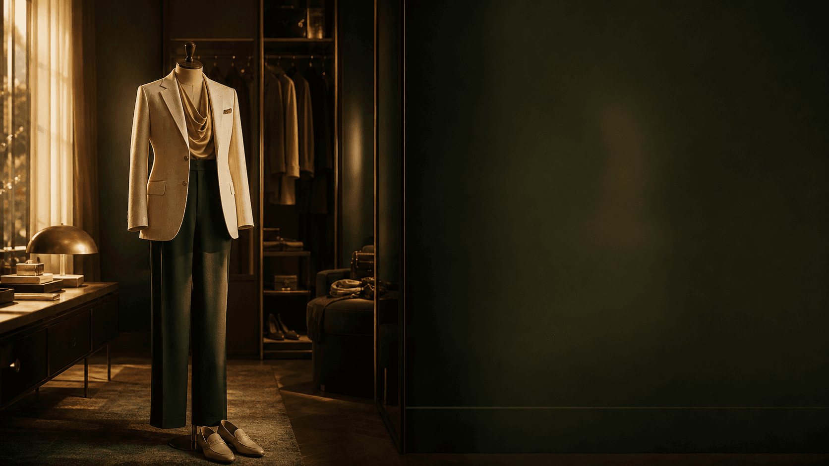 A cream tailored blazer and forest trousers arranged in a warmly lit wardrobe